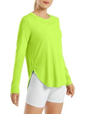 Women Fluorescent Green UPF 50+ UV Shirt Long Sleeve Workout Yoga Top Quick Gym